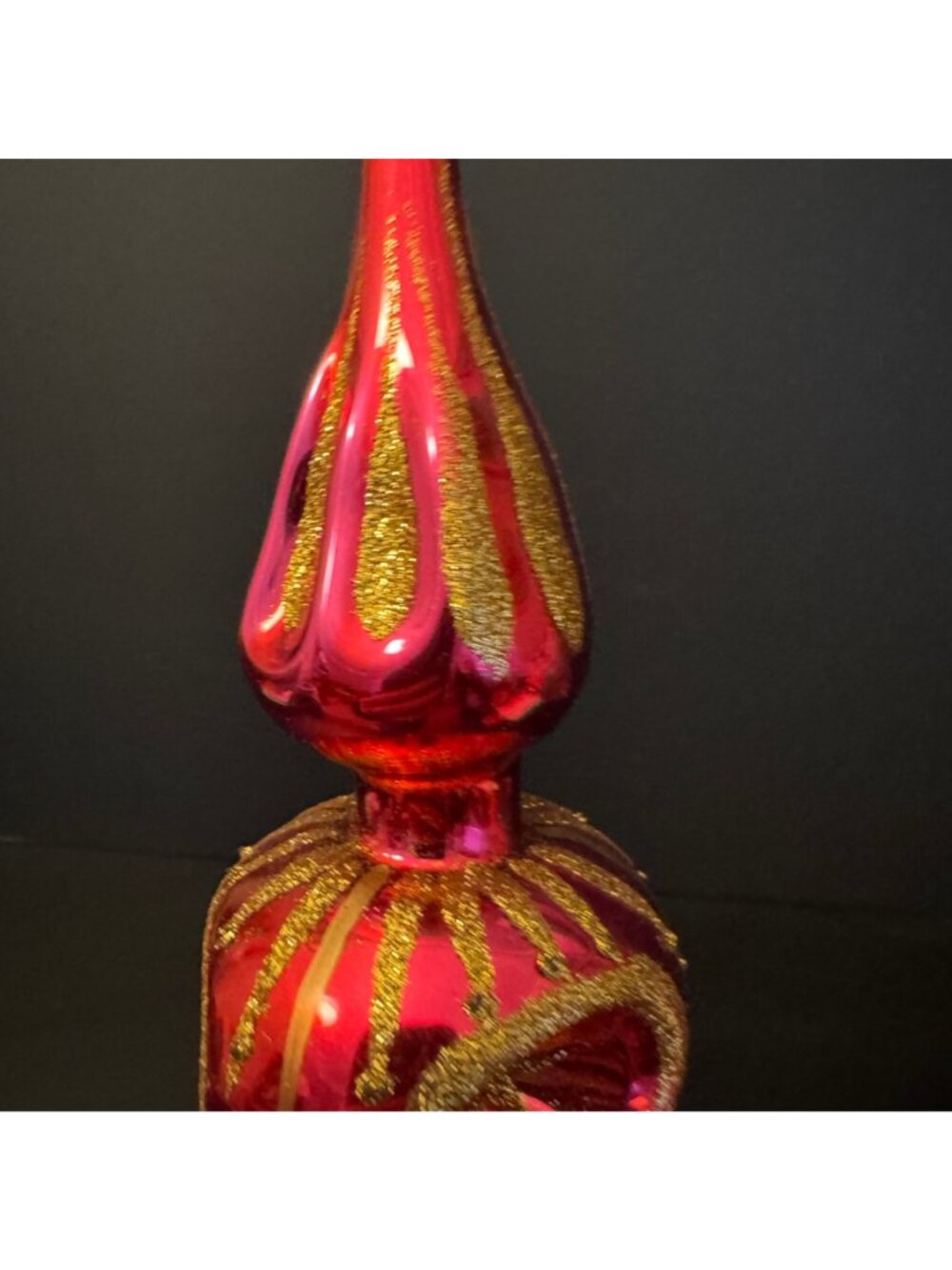 VTG Pink & Gold Glass Christmas Tree Topper Glitter Accents Double Indent Ball - Picture 11 of 16